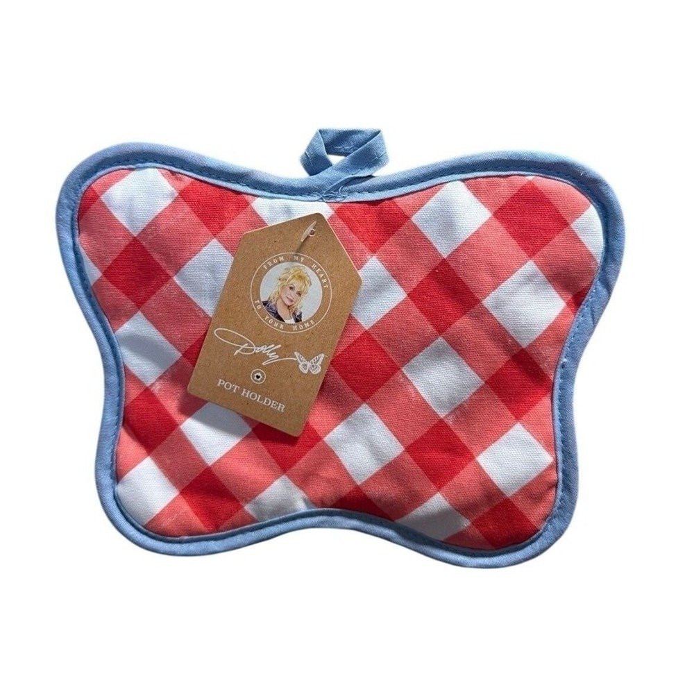 Dolly Parton Butterfly Pot Holder Red Gingham Blue Butterfly Print NWT #340,341